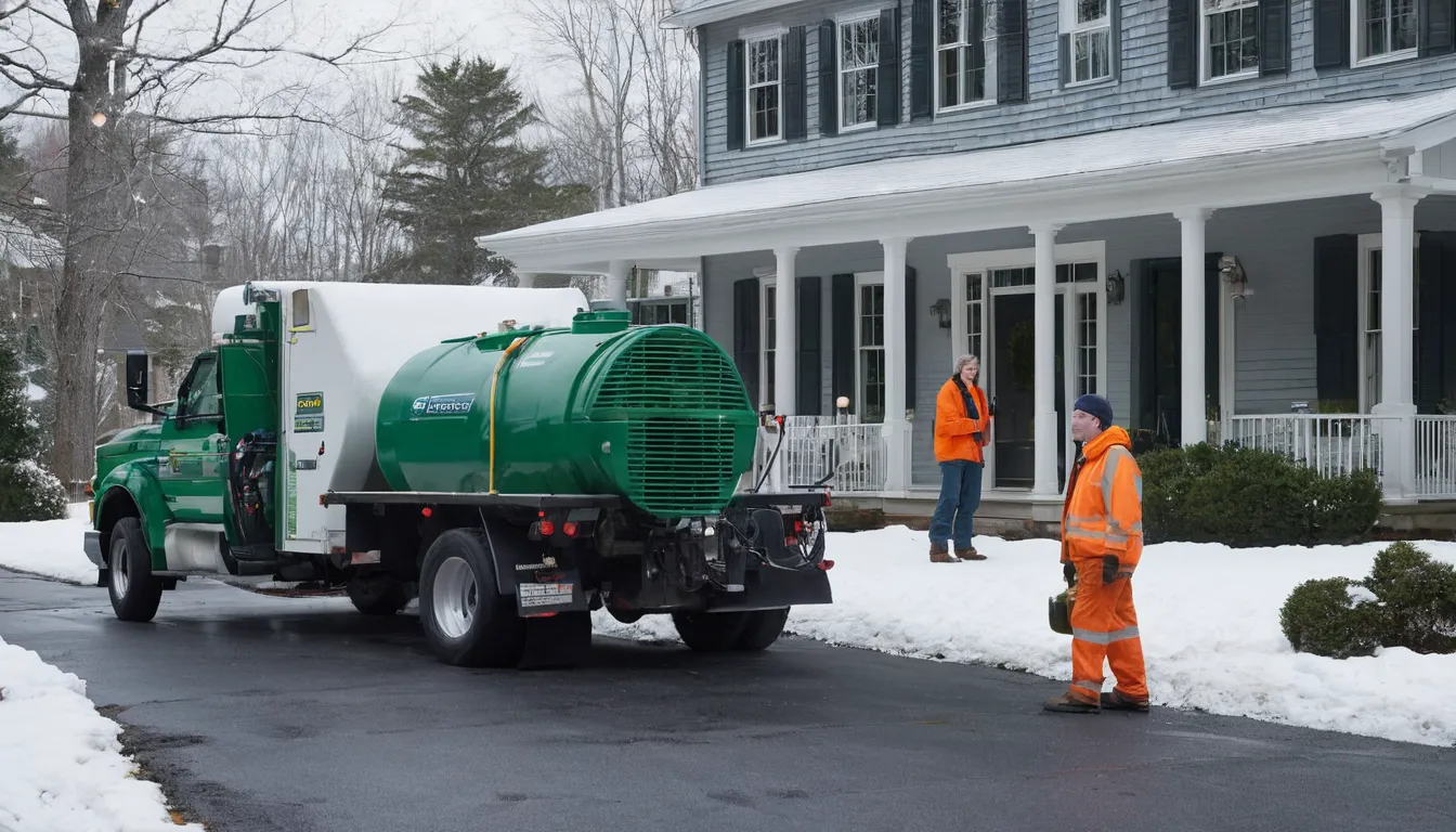 A septic service truck parked beside a home in Framingham on a cold, clear day